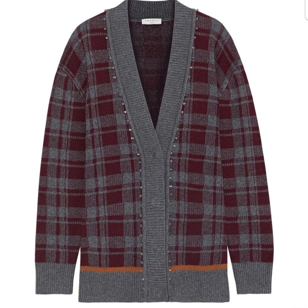 Sandro Women’s Plaid Strass Print V-Neck Cardigan Sweater Gray and
Burgundy